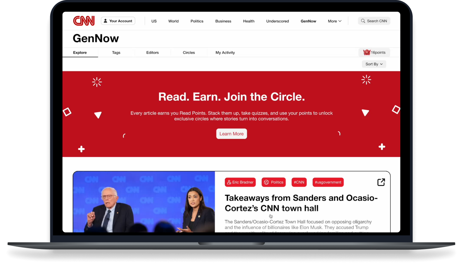 GenNow’s Explore page with bite-sized news cards.