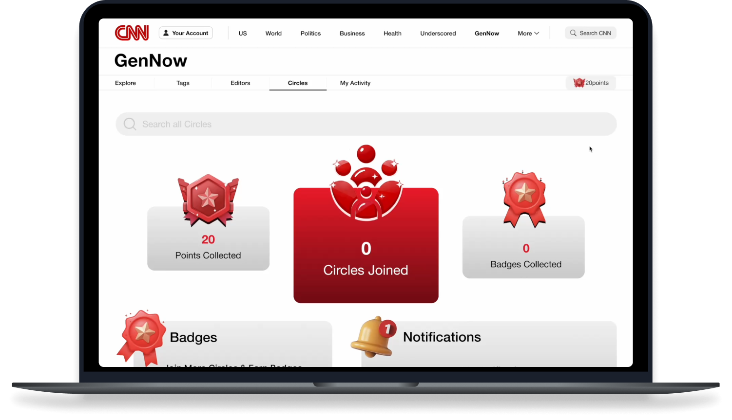The circles page showing points collected and badges.