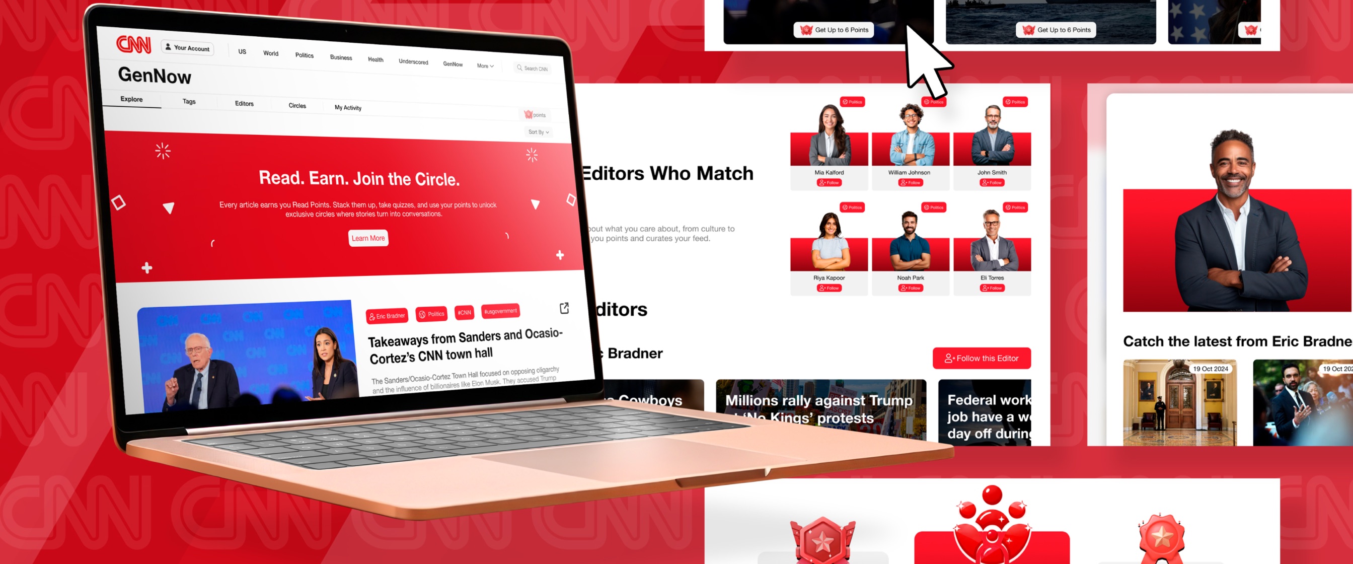 CNN GenNow on a laptop: Read. Earn. Join the Circle., with editors, stories and badges around it.