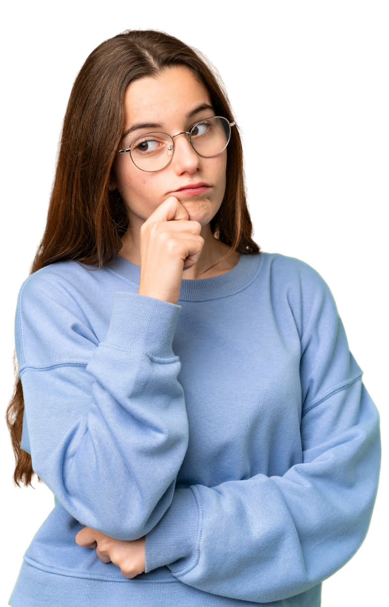Maya, a young woman in glasses, thinking with her hand on her chin.