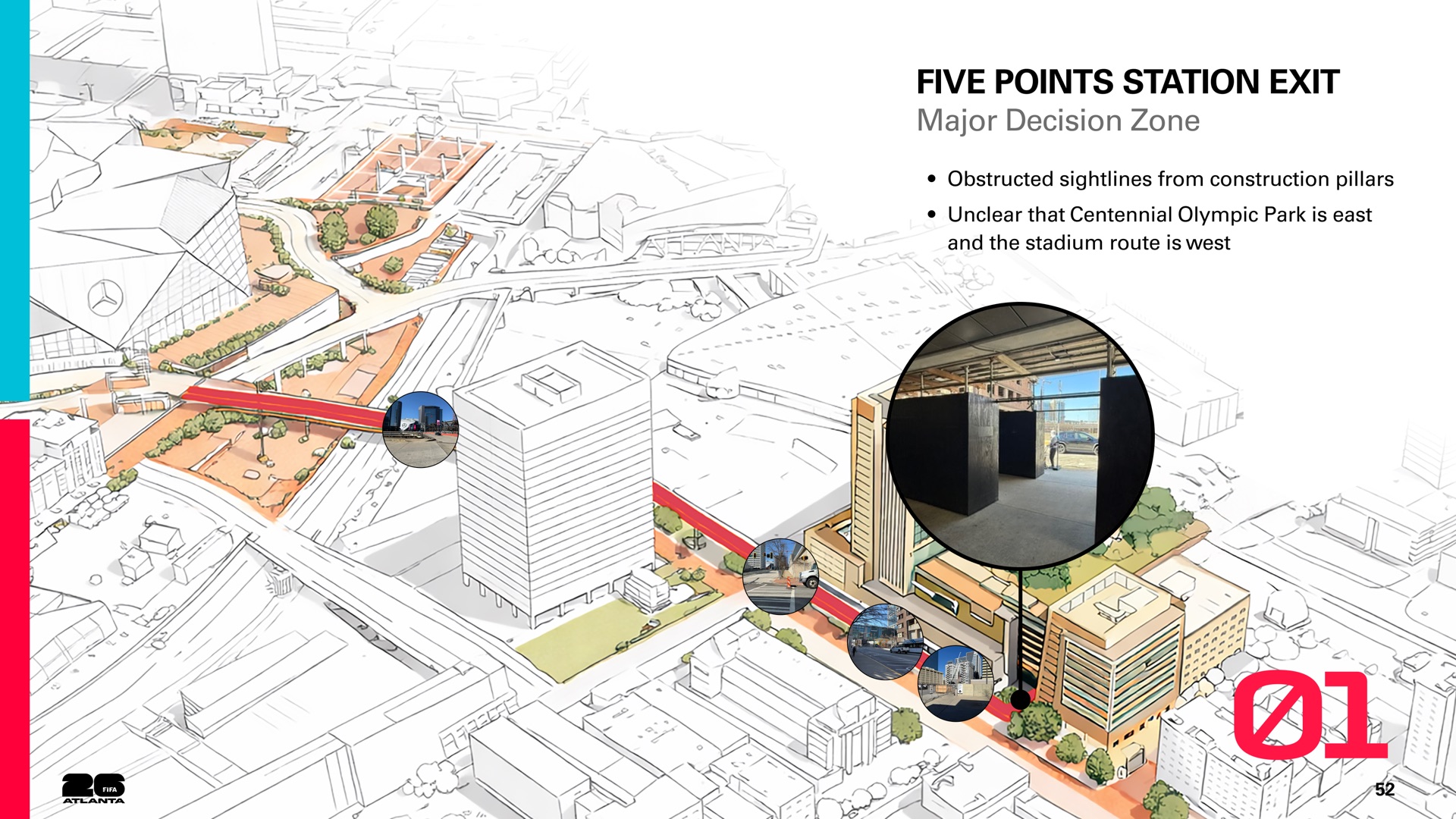 Five Points station exit: obstructed sightlines and an unclear direction to the stadium.