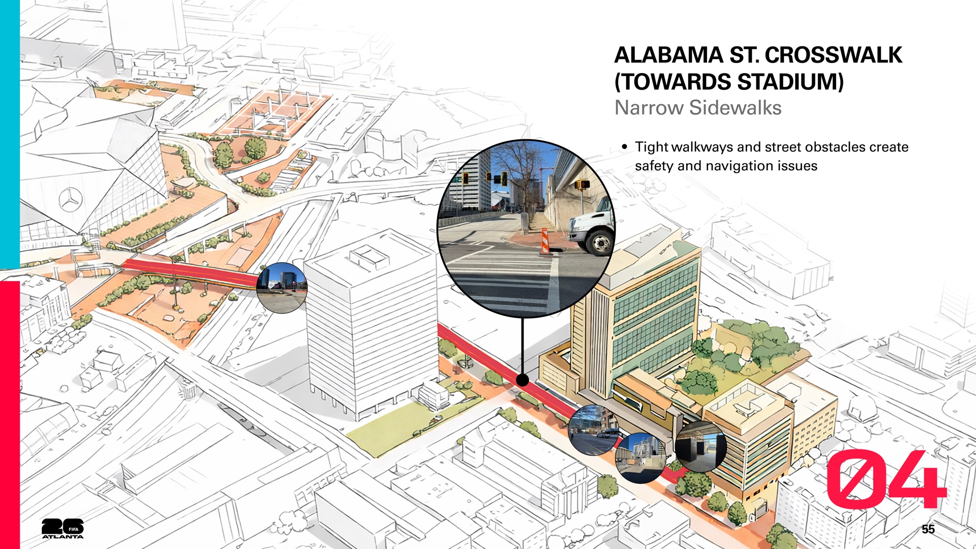 Alabama Street crosswalk: tight walkways and street obstacles.