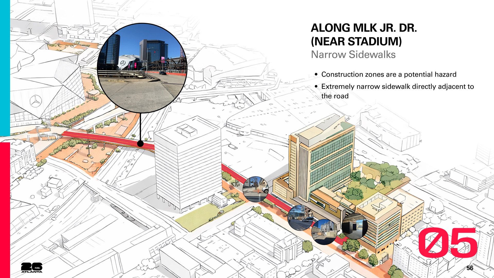 Along MLK Jr. Drive near the stadium: construction and an extremely narrow sidewalk.