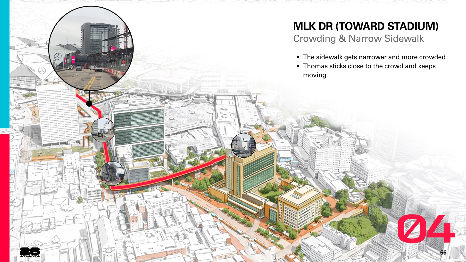 MLK Drive toward the stadium: the sidewalk narrows and crowds.