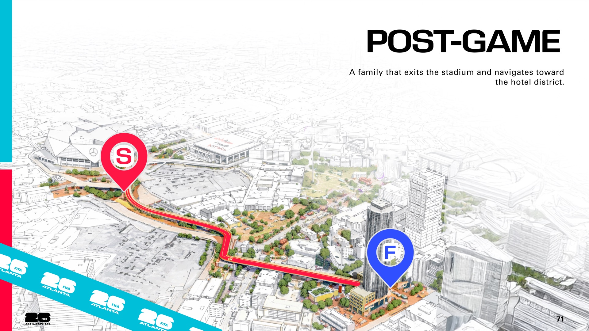 Post-game: the Rodríguezes' route from the stadium to the hotel district.