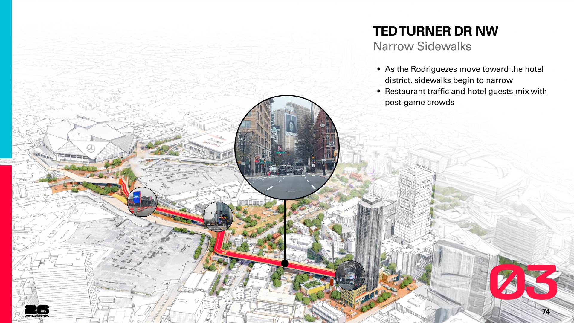 Ted Turner Drive: sidewalks narrow as restaurant and hotel traffic mixes in.