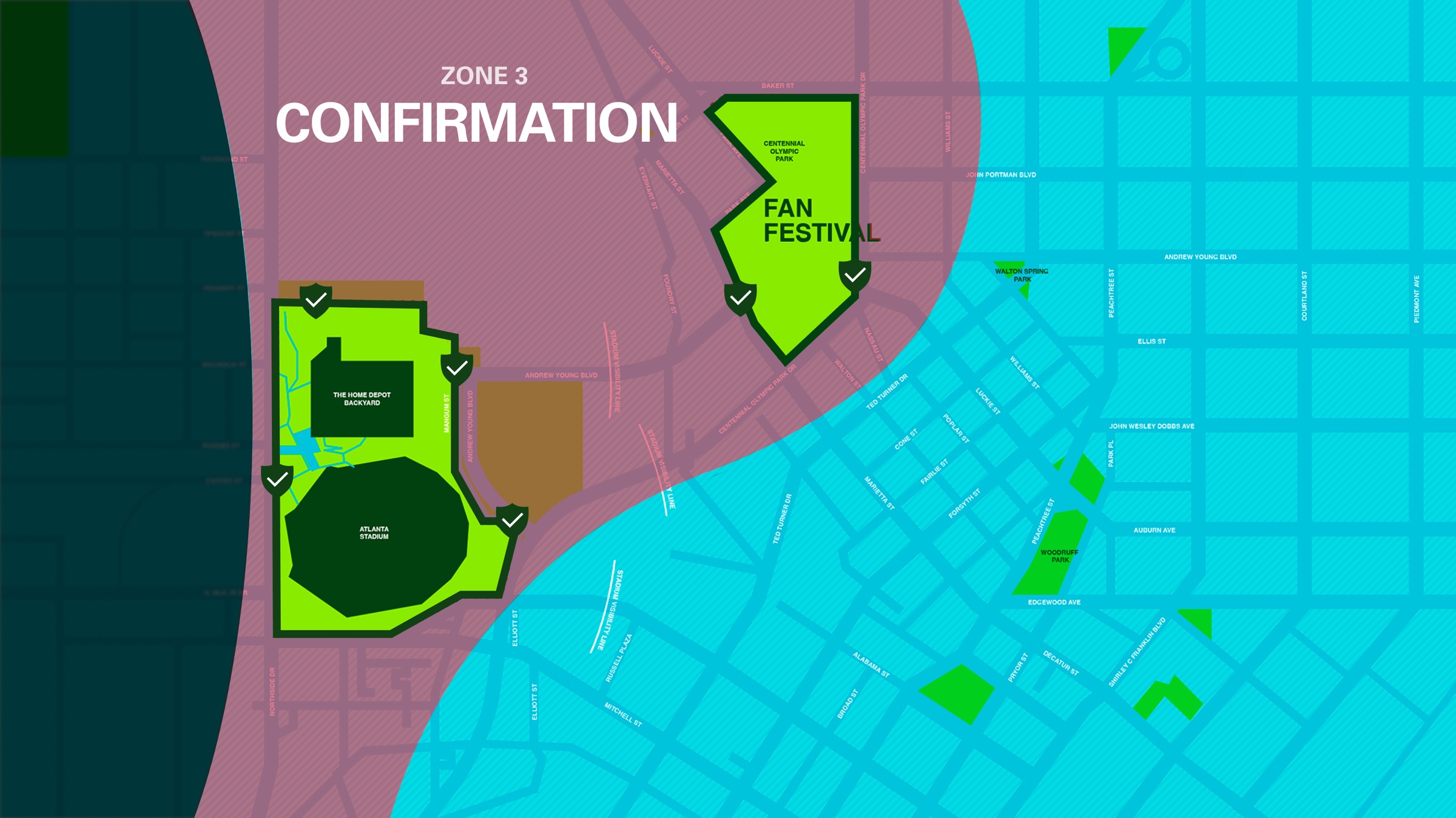 Zone 3, Confirmation, closest to the stadium and Fan Festival.