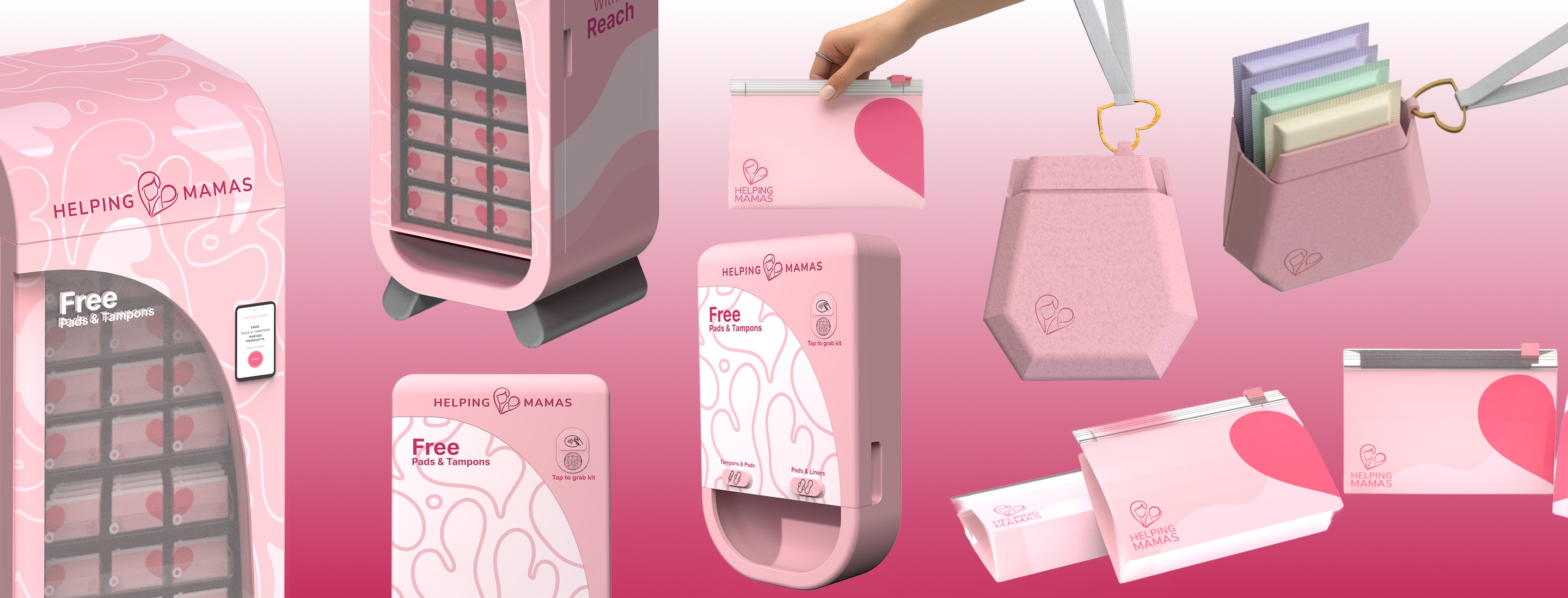 The Helping Mamas system: standalone and wall-mounted vending units, kit packaging and reusable pouches, all in soft rose.
