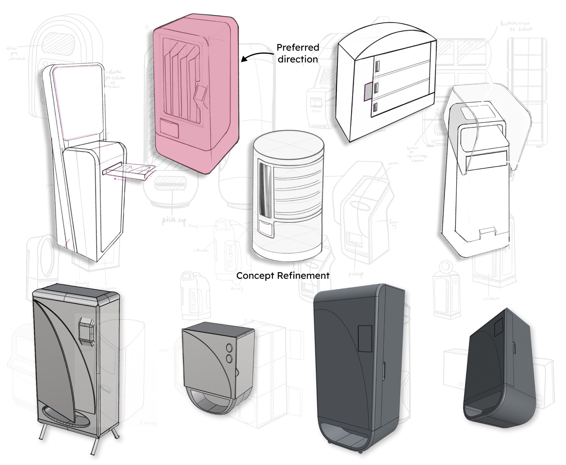 Machine sketches and refined grey concept models, with the preferred direction highlighted in rose.