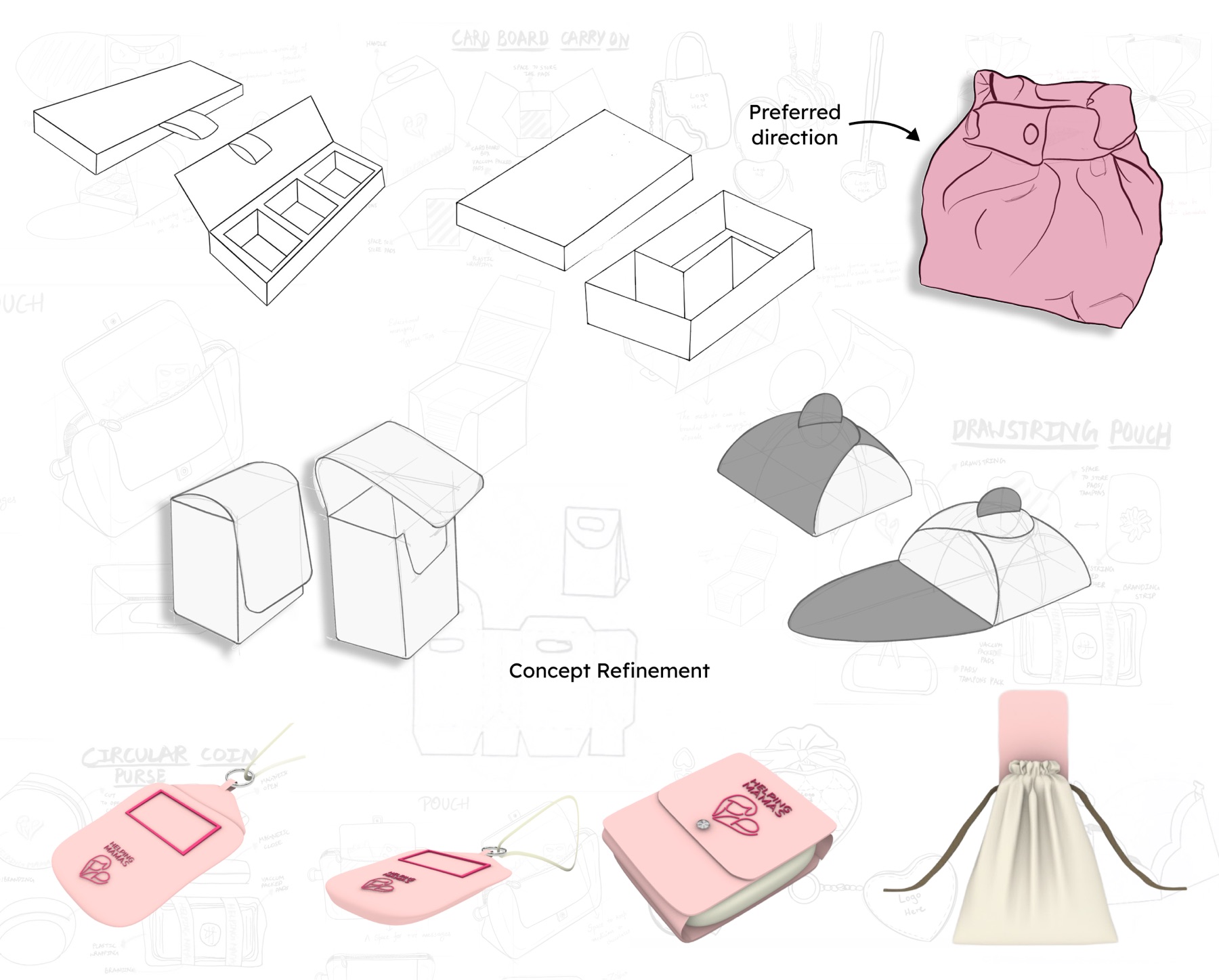 Packaging sketches, from boxes to pouches, with the preferred direction highlighted in rose.
