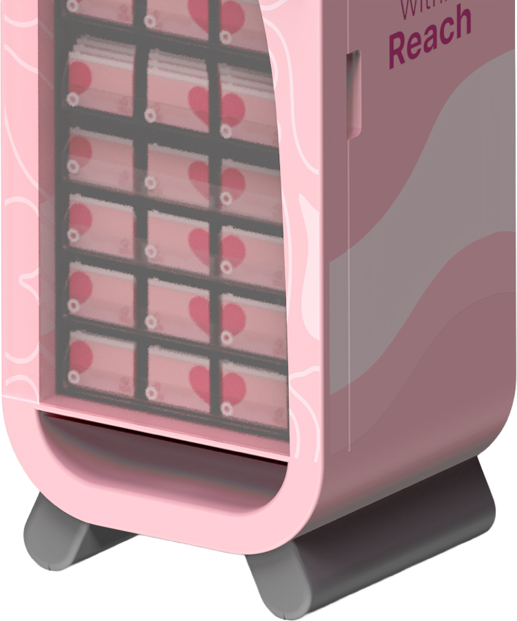 The standalone unit with its frosted front and rows of kits.