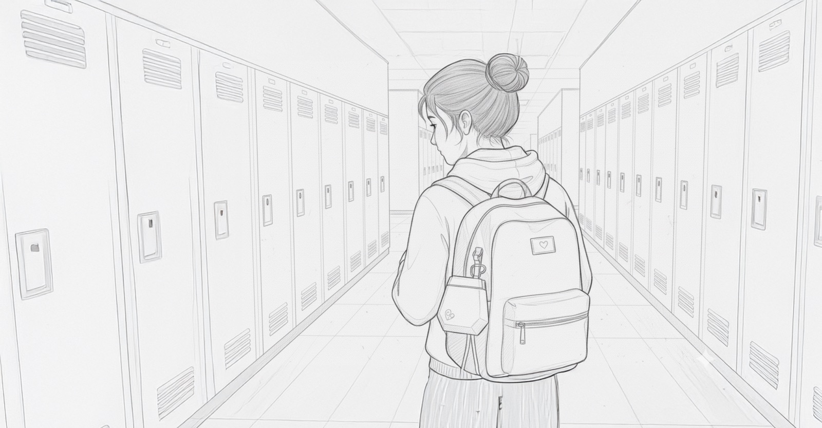 She walks away down the hallway, the pouch on her backpack.