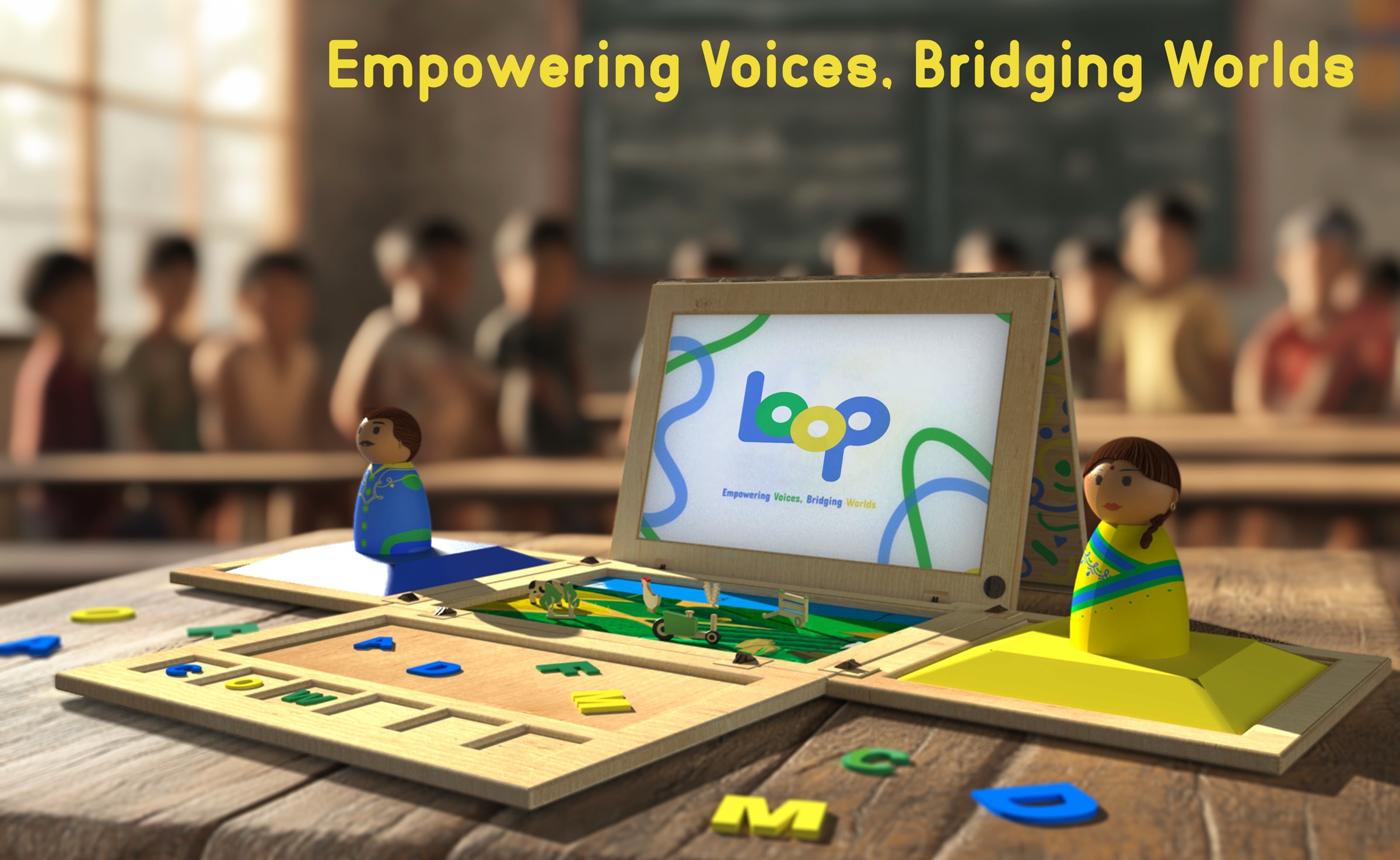 Loop open on a classroom desk in rural India: a bamboo box with a screen, a farm landscape, letter tiles, and the two tutor figures, Maya and Raju.