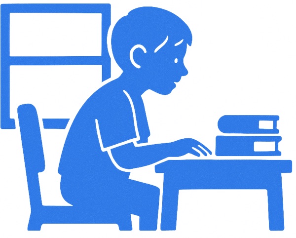 A child studying at a desk with a few books.