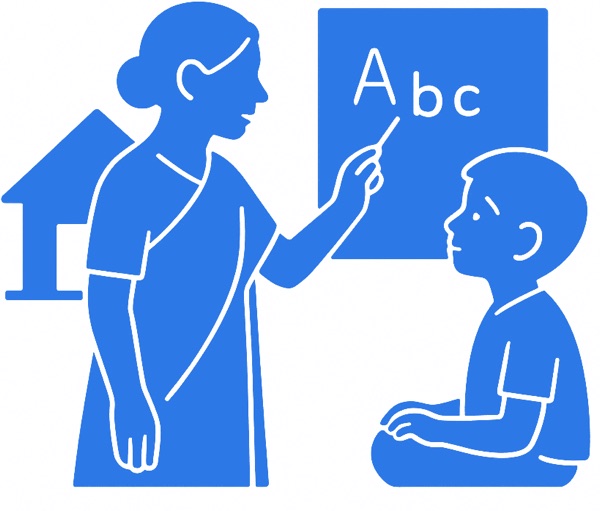 A teacher at a blackboard with a young student.