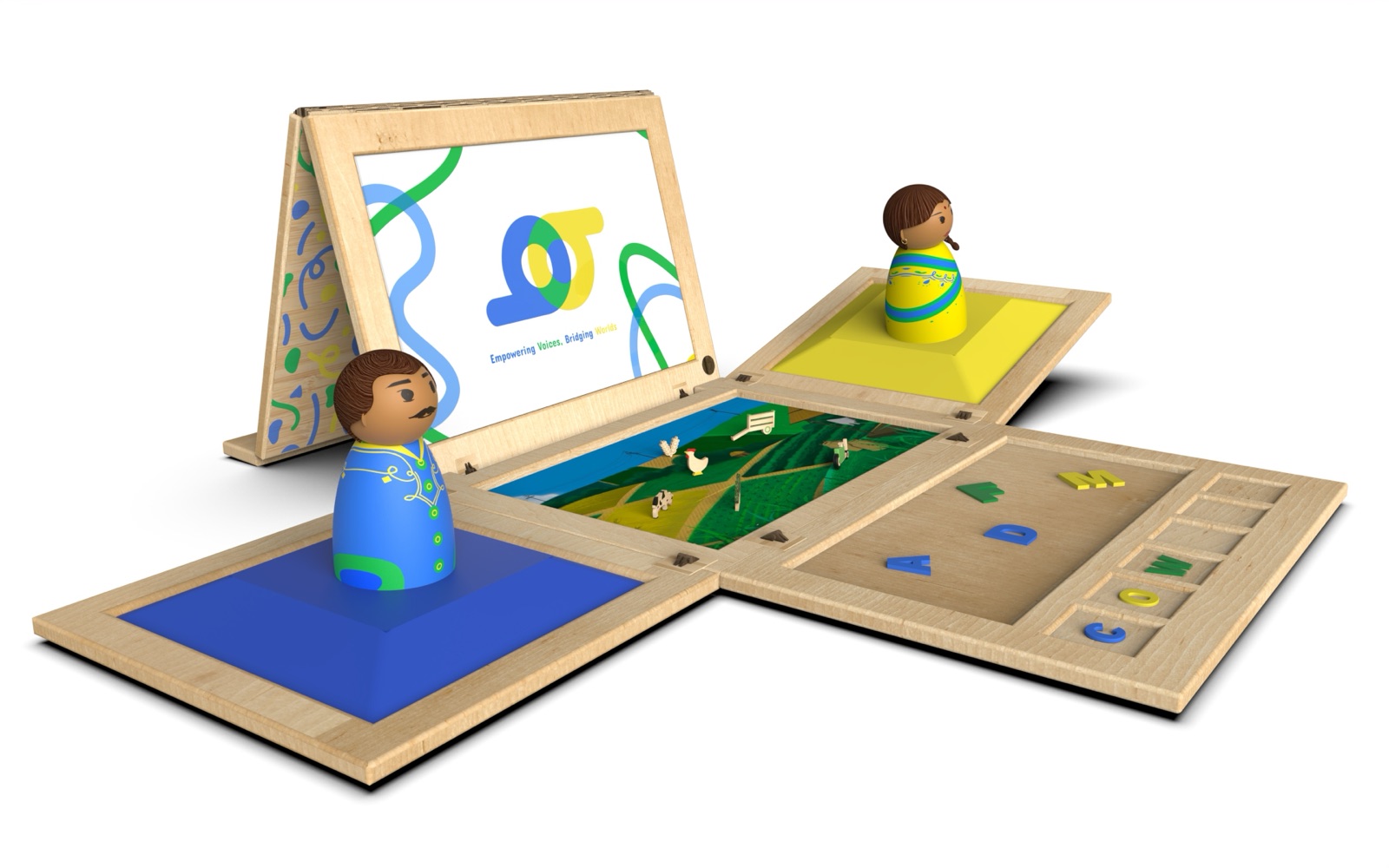 The final box: a rectangle with fold-out character panels and a central landscape.