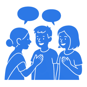 A group of people talking, with speech bubbles.