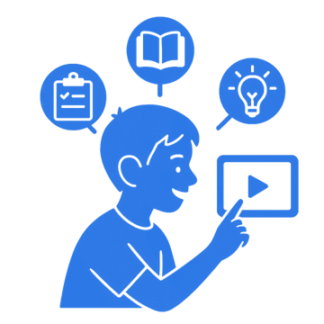 A child surrounded by icons for books, ideas and video.