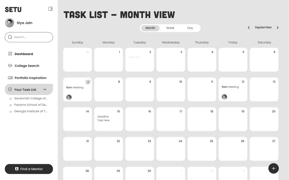 Mid-fi task list, month view.