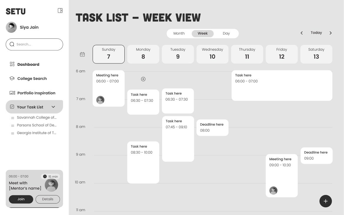 Mid-fi task list, week view.