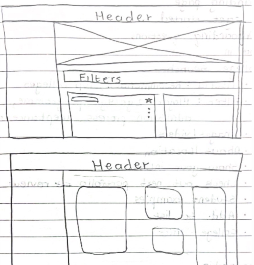 Sketches of a header, filters and gallery layout.