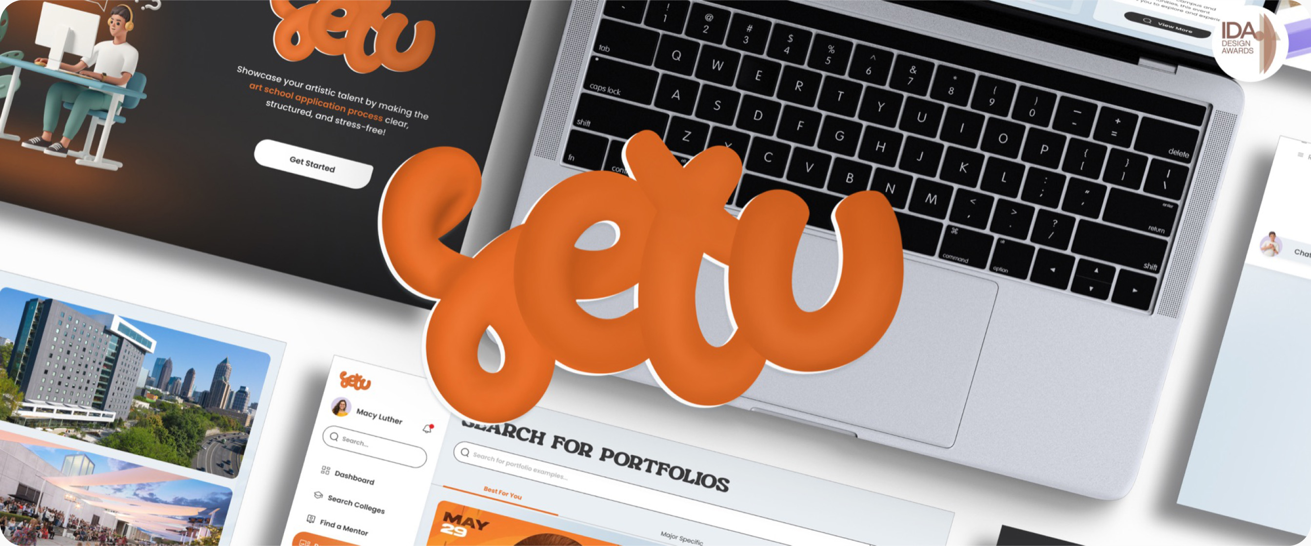 Setu’s portfolio platform on a laptop, with its orange 3D logo and an IDA Design Awards badge.