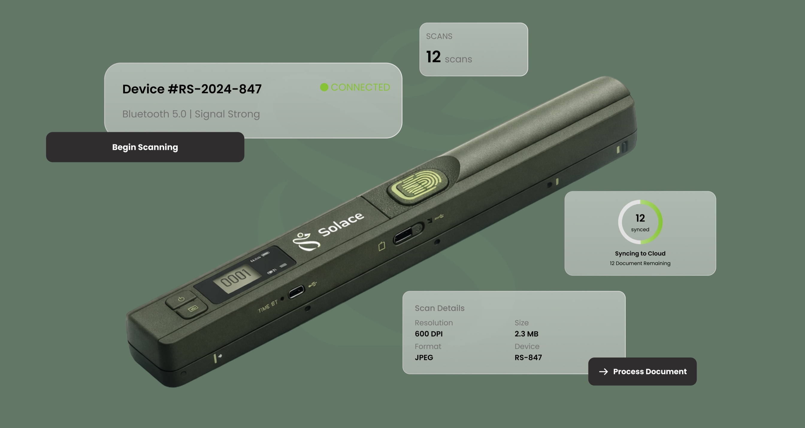 The Solace S-Scanner with its connection, scan, sync and scan-detail cards.